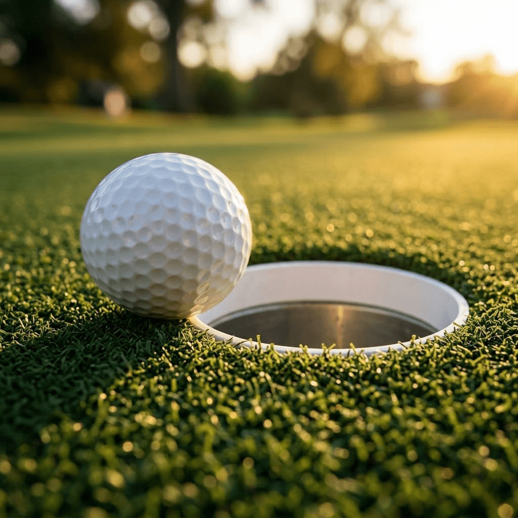 A golf ball on the lip of the cup at golden hour